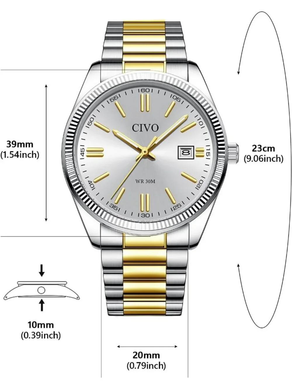 Mens Silver Gold Analog Quartz Skeleton Stainless Steel Round Casual Wrist Watch